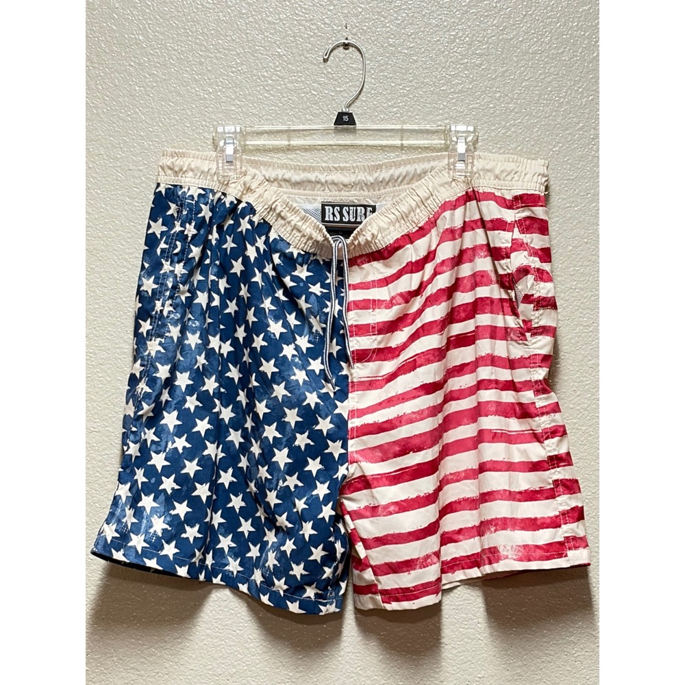 RS Surf Mens American Flag Swim Trunks XL Stars and Stripes Board Shorts Blue